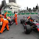 The crashed cars of Max Verstappen (NED) Red Bull Racing RB14 and Daniel Ricciardo (AUS) Red Bull Racing RB14 at Formula One World Championship, Rd4, Azerbaijan Grand Prix, Race, Baku City Circuit, Baku, Azerbaijan, Sunday 29 April 2018. © James Gasperotti/Sutton Images
