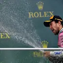 Sergio Perez (MEX) Force India celebrates on the podium with the champagne at Formula One World Championship, Rd4, Azerbaijan Grand Prix, Race, Baku City Circuit, Baku, Azerbaijan, Sunday 29 April 2018. © Jerry Andre/Sutton Images