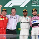 Kimi Raikkonen (FIN) Ferrari, Lewis Hamilton (GBR) Mercedes-AMG F1 and Sergio Perez (MEX) Force India celebrate on the podium at Formula One World Championship, Rd4, Azerbaijan Grand Prix, Race, Baku City Circuit, Baku, Azerbaijan, Sunday 29 April 2018. © Mark Sutton/Sutton Images