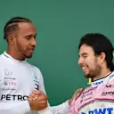Lewis Hamilton (GBR) Mercedes-AMG F1 and Sergio Perez (MEX) Force India celebrate on the podium at Formula One World Championship, Rd4, Azerbaijan Grand Prix, Race, Baku City Circuit, Baku, Azerbaijan, Sunday 29 April 2018. © Mark Sutton/Sutton Images
