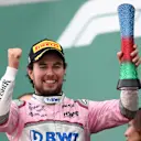 Sergio Perez (MEX) Force India celebrates on the podium with the trophy at Formula One World Championship, Rd4, Azerbaijan Grand Prix, Race, Baku City Circuit, Baku, Azerbaijan, Sunday 29 April 2018. © James Gasperotti/Sutton Images