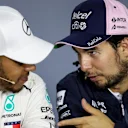 Lewis Hamilton (GBR) Mercedes-AMG F1 and Sergio Perez (MEX) Force India in the Press Conference at Formula One World Championship, Rd4, Azerbaijan Grand Prix, Race, Baku City Circuit, Baku, Azerbaijan, Sunday 29 April 2018. © James Gasperotti/Sutton Image