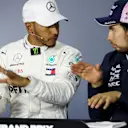 Lewis Hamilton (GBR) Mercedes-AMG F1 and Sergio Perez (MEX) Force India in the Press Conference at Formula One World Championship, Rd4, Azerbaijan Grand Prix, Race, Baku City Circuit, Baku, Azerbaijan, Sunday 29 April 2018. © James Gasperotti/Sutton Images