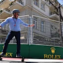 Johnny Herbert (GBR) Sky TV on a skateboard at Formula One World Championship, Rd4, Azerbaijan Grand Prix, Preparations, Baku City Circuit, Baku, Azerbaijan, Thursday 26 April 2018. © Mark Sutton/Sutton Images