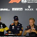 Nico Hulkenberg (GER) Renault Sport F1 Team, Daniel Ricciardo (AUS) Red Bull Racing and Kevin Magnussen (DEN) Haas F1 in the Press Conference at Formula One World Championship, Rd4, Azerbaijan Grand Prix, Preparations, Baku City Circuit, Baku, Azerbaijan, Thursday 26 April 2018. © Simon Galloway/Sutton Images
