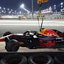 The crashed car of Max Verstappen (NED) Red Bull Racing RB14 is recovered in Q1 at Formula One World Championship, Rd2, Bahrain Grand Prix, Qualifying, Bahrain International Circuit, Sakhir, Bahrain, Saturday 7 April 2018. © Jerry Andre/Sutton Images