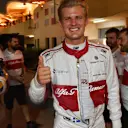 Marcus Ericsson (SWE) Alfa Romeo Sauber F1 Team celebrates at Formula One World Championship, Rd2, Bahrain Grand Prix, Race, Bahrain International Circuit, Sakhir, Bahrain, Sunday 8 April 2018. © Mark Sutton/Sutton Images