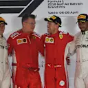 (L to R): Valtteri Bottas (FIN) Mercedes-AMG F1, Sebastian Vettel (GER) Ferrari and Lewis Hamilton (GBR) Mercedes-AMG F1 celebrate on the podium at Formula One World Championship, Rd2, Bahrain Grand Prix, Race, Bahrain International Circuit, Sakhir, Bahrain, Sunday 8 April 2018. © Mark Sutton/Sutton Images
