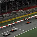 Sebastian Vettel (GER) Ferrari SF-71H leads at the start of the race at Formula One World Championship, Rd2, Bahrain Grand Prix, Race, Bahrain International Circuit, Sakhir, Bahrain, Sunday 8 April 2018. © Mark Sutton/Sutton Images