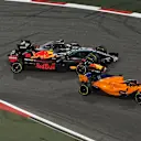 Max Verstappen (NED) Red Bull Racing RB14 and Lewis Hamilton (GBR) Mercedes-AMG F1 W09 EQ Power+ battle at Formula One World Championship, Rd2, Bahrain Grand Prix, Race, Bahrain International Circuit, Sakhir, Bahrain, Sunday 8 April 2018. © Mark Sutton/Sutton Images