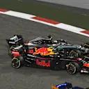 Lewis Hamilton (GBR) Mercedes-AMG F1 W09 EQ Power+ and Max Verstappen (NED) Red Bull Racing RB14 battle at Formula One World Championship, Rd2, Bahrain Grand Prix, Race, Bahrain International Circuit, Sakhir, Bahrain, Sunday 8 April 2018. © Mark Sutton/Su