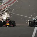 Max Verstappen (NED) Red Bull Racing RB14 and Lewis Hamilton (GBR) Mercedes-AMG F1 W09 EQ Power+ abttle t Formula One World Championship, Rd2, Bahrain Grand Prix, Race, Bahrain International Circuit, Sakhir, Bahrain, Sunday 8 April 2018. © Jerry Andre/Sutton Images