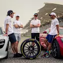 Alonso (ESP), Bottas (FIN), Hamilton (GBR) and Vandoorne (BEL) with Pirelli Hot Laps cars at F1 World Championship, Rd2, Bahrain Grand Prix, Preparations, Bahrain International Circuit, Sakhir, Bahrain, Thursday 5 April 2018. © Manuel Goria/Sutton Images