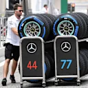 Mercedes AMG F1 mechanic with Pirelli tyres at Formula One World Championship, Rd2, Bahrain Grand Prix, Preparations, Bahrain International Circuit, Sakhir, Bahrain, Thursday 5 April 2018. © Mark Sutton/Sutton Images