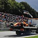 The crashed car of Stoffel Vandoorne, McLaren MCL33 is recovered in FP3 at Formula One World Championship, Rd13, Belgian Grand Prix, Qualifying, Spa Francorchamps, Belgium, Saturday 25 August 2018. © Mark Sutton/Sutton Images