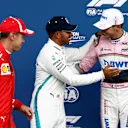 Sebastian Vettel, Ferrari, Lewis Hamilton, Mercedes AMG F1 and Esteban Ocon, Racing Point Force India F1 Team celebrate in parc ferme at Formula One World Championship, Rd13, Belgian Grand Prix, Qualifying, Spa Francorchamps, Belgium, Saturday 25 August 2018. © Glenn Dunbar/LAT/Sutton Images