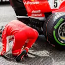 Sebastian Vettel, Ferrari SF71H look at the rear of the car in parc ferme at Formula One World Championship, Rd13, Belgian Grand Prix, Qualifying, Spa Francorchamps, Belgium, Saturday 25 August 2018. © Jerry Andre/Sutton Images