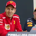(L to R): Sebastian Vettel, Ferrari and Max Verstappen, Red Bull Racing in the press confrence at Formula One World Championship, Rd13, Belgian Grand Prix, Race, Spa Francorchamps, Belgium, Sunday 26 August 2018. © Manuel Goria/Sutton Images