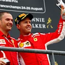 Race winner Sebastian Vettel, Ferrari celebrates on the podium with the trophy at Formula One World Championship, Rd13, Belgian Grand Prix, Race, Spa Francorchamps, Belgium, Sunday 26 August 2018. © Sam Bloxham/LAT/Sutton Images