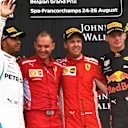 Lewis Hamilton, David Sanchez, Ferrari, Mercedes AMG F1, Sebastian Vettel, Ferrari and Max Verstappen, Red Bull Racing celebrate on the podium at Formula One World Championship, Rd13, Belgian Grand Prix, Race, Spa Francorchamps, Belgium, Sunday 26 August 2018. © Mark Sutton/Sutton Images