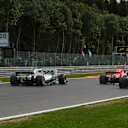Sergio Perez, Racing Point Force India VJM11, Lewis Hamilton, Mercedes AMG F1 W09, Sebastian Vettel, Ferrari SF71H and Esteban Ocon, Racing Point Force India VJM11 battle on lap one at Formula One World Championship, Rd13, Belgian Grand Prix, Race, Spa Francorchamps, Belgium, Sunday 26 August 2018. © Manuel Goria/Sutton Images