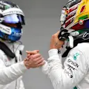 Pole sitter Lewis Hamilton, Mercedes AMG F1 and Valtteri Bottas, Mercedes AMG F1 celebrate in Parc Ferme at Formula One World Championship, Rd20, Brazilian Grand Prix, Qualifying, Interlagos, Sao Paulo, Brazil, Saturday 10 November 2018.