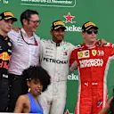 (L to R): Max Verstappen, Red Bull Racing, Andy Shovlin, Mercedes-AMG F1 Chief Engineer, Lewis Hamilton, Mercedes AMG F1 and Kimi Raikkonen, Ferrari celebrate on the podium with the samba girls at Formula One World Championship, Rd20, Brazilian Grand Prix, Race, Interlagos, Sao Paulo, Brazil, Sunday 11 November 2018.