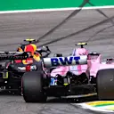 Race leader Max Verstappen, Red Bull Racing RB14 crashes whilst lapping Esteban Ocon, Racing Point Force India VJM11 at Formula One World Championship, Rd20, Brazilian Grand Prix, Race, Interlagos, Sao Paulo, Brazil, Sunday 11 November 2018.