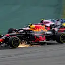 Race leader Max Verstappen, Red Bull Racing RB14 crashes whilst lapping Esteban Ocon, Racing Point Force India VJM11 at Formula One World Championship, Rd20, Brazilian Grand Prix, Race, Interlagos, Sao Paulo, Brazil, Sunday 11 November 2018.