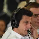Toto Wolff (AUT) Mercedes AMG F1 Director of Motorsport and Andy Cowell (GBR) Managing Director, Mercedes AMG High Performance Powertrains at Formula One World Championship, Rd10, British Grand Prix, Practice, Silverstone, England, Friday 6 July 2018. © Mark Sutton/Sutton Images