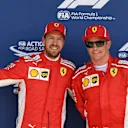 Sebastian Vettel (GER) Ferrari and Kimi Raikkonen (FIN) Ferrari celebrate in parc ferme at Formula One World Championship, Rd10, British Grand Prix, Qualifying, Silverstone, England, Saturday 7 July 2018. © Simon Galloway/Sutton Images