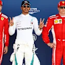 (L to R): Sebastian Vettel (GER) Ferrari, Lewis Hamilton (GBR) Mercedes-AMG F1 and Kimi Raikkonen (FIN) Ferrari celebrate in parc ferme at Formula One World Championship, Rd10, British Grand Prix, Qualifying, Silverstone, England, Saturday 7 July 2018. © Glenn Dunbar/LAT/Sutton Images