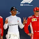Sebastian Vettel (GER) Ferrari, pole sitter Lewis Hamilton (GBR) Mercedes-AMG F1 and Kimi Raikkonen (FIN) Ferrari celebrate in parc ferme at Formula One World Championship, Rd10, British Grand Prix, Qualifying, Silverstone, England, Saturday 7 July 2018.