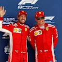 Sebastian Vettel (GER) Ferrari and Kimi Raikkonen (FIN) Ferrari celebrate in parc ferme at Formula One World Championship, Rd10, British Grand Prix, Qualifying, Silverstone, England, Saturday 7 July 2018. © Manuel Goria/Sutton Images
