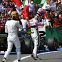 Lewis Hamilton (GBR) Mercedes-AMG F1 and Esteban Ocon (FRA) Force India F1 in parc ferme at Formula One World Championship, Rd10, British Grand Prix, Race, Silverstone, England, Sunday 8 July 2018. © Mark Sutton/Sutton Images
