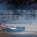 Perez (MEX) Force India VJM11 spins in front of Sirotkin (RUS) Williams FW41 at the start of the race at Formula One World Championship, Rd10, British Grand Prix, Race, Silverstone, England, Sunday 8 July 2018. © Glenn Dunbar/LAT/Sutton Images