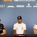 Max Verstappen (NED) Red Bull Racing, Lewis Hamilton (GBR) Mercedes-AMG F1 and Charles Leclerc (MON) Alfa Romeo Sauber F1 Team in the Press Conference at Formula One World Championship, Rd10, British Grand Prix, Preparations, Silverstone, England, Thursday 5 July 2018. © Manuel Goria/Sutton Images