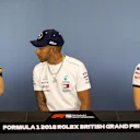 Max Verstappen (NED) Red Bull Racing, Lewis Hamilton (GBR) Mercedes-AMG F1 and Charles Leclerc (MON) Alfa Romeo Sauber F1 Team in the Press Conference at Formula One World Championship, Rd10, British Grand Prix, Preparations, Silverstone, England, Thursda