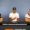 Max Verstappen (NED) Red Bull Racing, Lewis Hamilton (GBR) Mercedes-AMG F1 and Charles Leclerc (MON) Alfa Romeo Sauber F1 Team in the Press Conference at Formula One World Championship, Rd10, British Grand Prix, Preparations, Silverstone, England, Thursday 5 July 2018. © Manuel Goria/Sutton Images