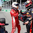 Pole sitter Sebastian Vettel (GER) Ferrari and Max Verstappen (NED) Red Bull Racing celebrate in parc ferme at Formula One World Championship, Rd7, Canadian Grand Prix, Qualifying, Montreal, Canada, Saturday 9 June 2018. © Steven Tee/LAT/Sutton Images