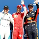 (L to R): Valtteri Bottas (FIN) Mercedes-AMG F1, pole sitter Sebastian Vettel (GER) Ferrari and Max Verstappen (NED) Red Bull Racing celebrate in parc ferme at Formula One World Championship, Rd7, Canadian Grand Prix, Qualifying, Montreal, Canada, Saturday 9 June 2018. © Glenn Dunbar/Sutton Images