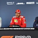 (L to R): Valtteri Bottas (FIN) Mercedes-AMG F1, Sebastian Vettel (GER) Ferrari and Max Verstappen (NED) Red Bull Racing in the Press Conference at Formula One World Championship, Rd7, Canadian Grand Prix, Qualifying, Montreal, Canada, Saturday 9 June 201