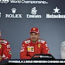 (L to R): Kimi Raikkonen (FIN), Sebastian Vettel (GER) and Valtteri Bottas (FIN) in the Press Conference at F1 World Championship, Rd3, Chinese Grand Prix, Qualifying, Shanghai, China, Saturday 14 April 2018. © Simon Galloway/Sutton Images