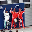 (L to R): Valtteri Bottas (FIN), pole sitter Sebastian Vettel (GER) and Valtteri Bottas (FIN) celebrate in parc ferme at F1 World Championship, Rd3, Chinese Grand Prix, Qualifying, Shanghai, China, Saturday 14 April 2018. © Jerry Andre/Sutton Images