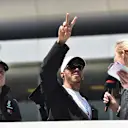 Valtteri Bottas (FIN) Mercedes-AMG F1 and Lewis Hamilton (GBR) Mercedes-AMG F1 on the drivers parade at Formula One World Championship, Rd3, Chinese Grand Prix, Race, Shanghai, China, Sunday 15 April 2018. © Simon Galloway/Sutton Images