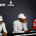 Valtteri Bottas (FIN) Mercedes-AMG F1, Lewis Hamilton (GBR) Mercedes-AMG F1 and Sebastian Vettel (GER) Ferrari in th Press Conference at Formula One World Championship, Rd8, French Grand Prix, Qualifying, Paul Ricard, France, Saturday 23 June 2018. © Manuel Goria/Sutton Images