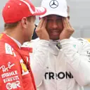Lewis Hamilton (GBR) Mercedes-AMG F1 and Sebastian Vettel (GER) Ferrari celebrate in parc ferme at Formula One World Championship, Rd8, French Grand Prix, Qualifying, Paul Ricard, France, Saturday 23 June 2018. © Mark Sutton/Sutton Images