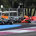 Lewis Hamilton (GBR) Mercedes-AMG F1 W09 EQ Power+ leads at the start of the race as Sebastian Vettel (GER) Ferrari SF-71H locks up at Formula One World Championship, Rd8, French Grand Prix, Race, Paul Ricard, France, Sunday 24 June 2018. © Mark Sutton/Su
