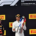 Max Verstappen (NED) Red Bull Racing, Lewis Hamilton (GBR) Mercedes-AMG F1 and Kimi Raikkonen (FIN) Ferrari celebrate on the podium at Formula One World Championship, Rd8, French Grand Prix, Race, Paul Ricard, France, Sunday 24 June 2018. © Jerry Andre/Su