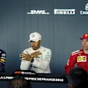 (L to R): Max Verstappen (NED) Red Bull Racing, Lewis Hamilton (GBR) Mercedes-AMG F1 and Kimi Raikkonen (FIN) Ferrari in the Press Conference at Formula One World Championship, Rd8, French Grand Prix, Race, Paul Ricard, France, Sunday 24 June 2018. © Manu